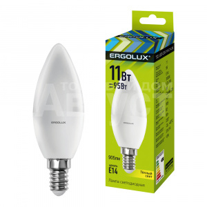 Лампа светодиодная Ergolux 11W-E14-3K 220В 11Вт E14 3000K, теплый белый, колба C35 свеча