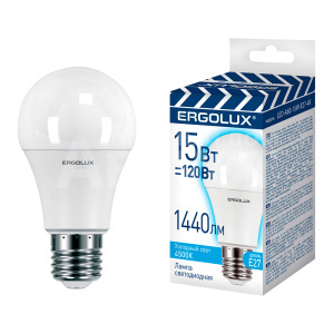 Лампа светодиодная Ergolux 15W-E27-4K 15Вт Е27 4500К 220-240В, колба A60 лон