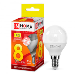 Лампа светодиодная IN HOME 8Вт-230В-3000К–E14, колба P45 шар