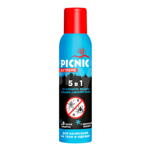 Аэрозоль Picnic Extreme 5в1 от комаров, мошки, клещей, слепней, блох, 150 мл