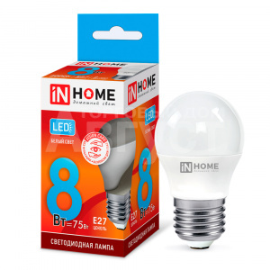 Лампа светодиодная IN HOME 8Вт-230В-4000К–E27, колба P45 шар