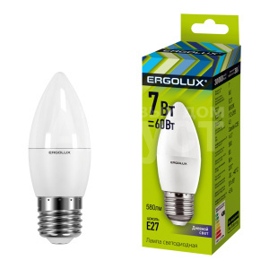 Лампа светодиодная Ergolux 7W-E27-6K 220В 7Вт E27 6500K, холодный белый, колба C35 свеча