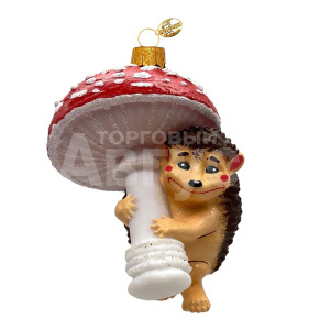 Новогодняя игрушка ФУП4-2451 Ежик с мухомором, в подарочной упаковке, 10 см, стекло