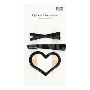 Набор для волос Queen Fair 10958303 Космея,1 заколка 6 см, 2 зажима 7.5 и 6см,сердце, черный, 3 шт