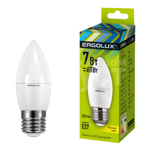 Лампа светодиодная Ergolux 7W-E27-3K 220В 7Вт E27 3000K, теплый белый, колба C35 свеча