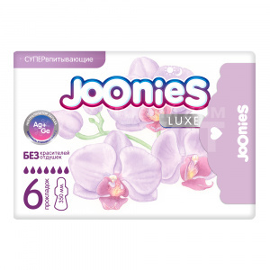 Прокладки гигиенические JOONIES LUXE ночные, супер впитывающие, с серебром,с крылышками, 6 шт