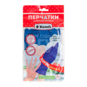 Перчатки хозяйственные латексные Komfi прочные XL, синие, 1 пара