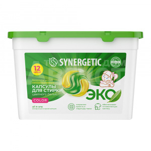 Капсулы для стирки SYNERGETIC Биоразлагаемые концентрированные, Color, 12 шт