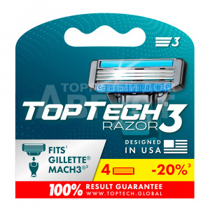 Кассеты сменные для бритья TopTech Razor 3 совместимы с Gillette Mach3, мужские, 4 шт блистер