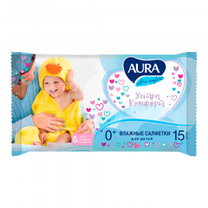 Влажные салфетки Aura Ultra Comfort детские, 15 шт