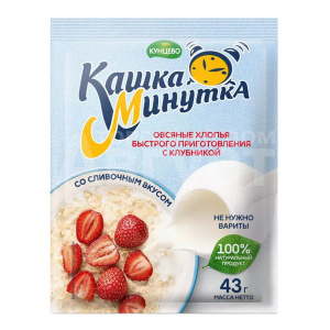Каша овсяная быстрого приготовления Кашка-Минутка, Клубника со сливочным вкусом, пакет, 43 г