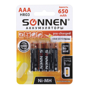 Аккумулятор SONNEN, HR03 ААА 1,2V, 4 шт