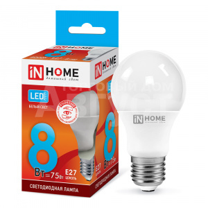 Лампа светодиодная IN HOME 8Вт-230В-4000К–E27, колба А60