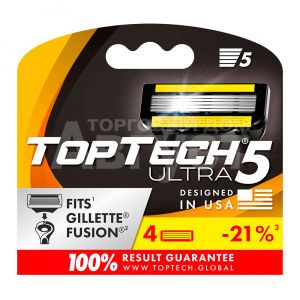 Кассеты сменные для бритья TopTech Ultra 5 совместимы с Gillette Fusion, мужские, 4 шт блистер