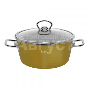 Кастрюля Rashel R6018 со стеклянной крышкой,ручка хром, цвет: оливковый подходит для индукционных плит, эмалированная, 2,1 л