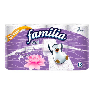 Бумага туалетная Familia Plus 2-х слойная Волшебный цветок, 8 шт