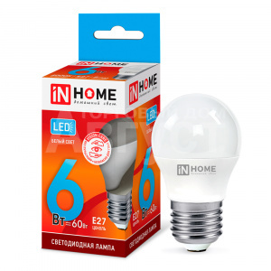 Лампа светодиодная IN HOME 6Вт-230В-4000К–E27, колба P45 шар