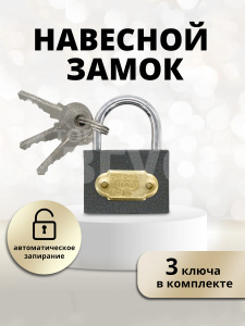 Замок навесной для шкафчика, 38х55мм, 3ключа, цвет серый