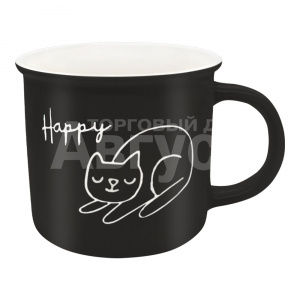 Кружка для чая и кофе Коты и надписи Happy 350мл,керамика, цвет черный