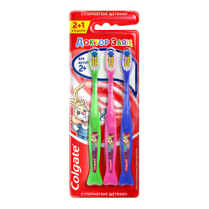 Зубная щетка детская Colgate Доктор Заяц от 2х лет, супер мягкая щетина, 2+1, шт