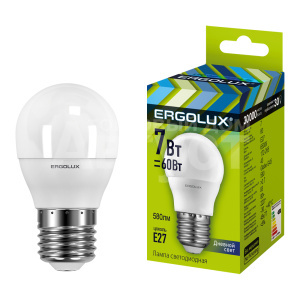 Лампа светодиодная Ergolux 7W-E27-6K 7Вт E27 6500K 172-265В, дневной свет, колба G45 шар