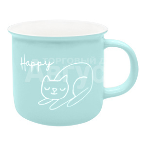 Кружка для чая и кофе Коты и надписи Happy 350мл, керамика, цвет голубой