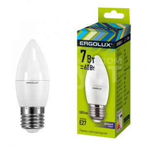 Лампа светодиодная Ergolux 7W-E27-6K 220В 7Вт E27 6500K, холодный белый, колба C35 свеча