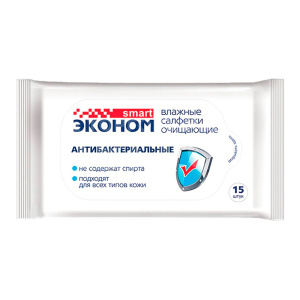 Влажные салфетки Эконом Smart для всей семьи с антибактериальным эффектом, 15 шт
