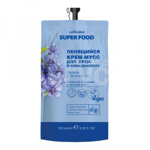 Крем-мусс для лица Cafe Mimi Super Food и зоны декольте, пенящийся, Василек и Зеленый чай, 100 мл