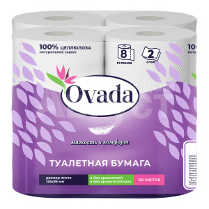 Бумага туалетная Ovada двухслойная, 15 м, 8 шт