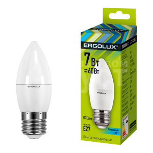 Лампа светодиодная Ergolux 7W-E27-4K 220В 7Вт E27 4500K, нейтральный белый, колба C35 свеча