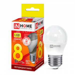 Лампа светодиодная IN HOME 8Вт-230В-3000К–E27, колба P45 шар