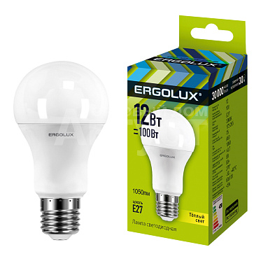 Лампа светодиодная Ergolux 12W-E27-3K 220В 12Вт E27 3000K, теплый белый, колба A60 лон