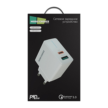 Зарядное устройство MoreChoice NC61 СЗУ USB+Type-C PD 20W+QC3.0 3.0A, белый
