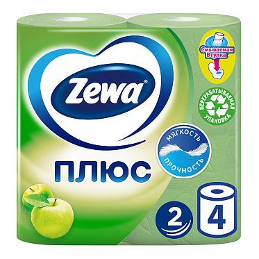 Бумага туалетная Zewa Плюс двухслойная, зеленое яблоко, 4 шт