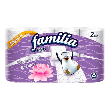 Бумага туалетная Familia Plus 2-х слойная Волшебный цветок, 8 шт