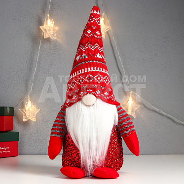 Новогодняя игрушка 7575293 Гном,светящийся нос,в красном колпаке с узорами 33 см, красный