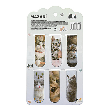 Закладки канцелярские магнитные Mazari M-3387 Котики 5.8х2 см, 3 дизайна