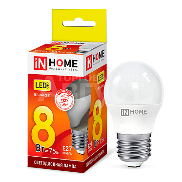 Лампа светодиодная IN HOME 8Вт-230В-3000К–E27, колба P45 шар