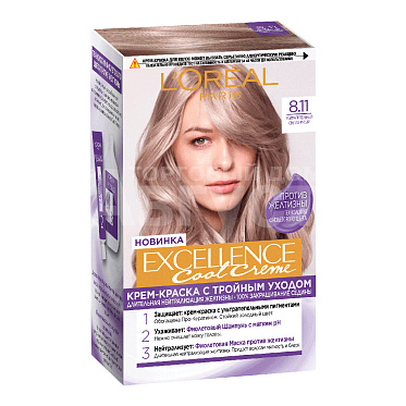 Краска для волос L'Oreal Excellence Creme без желтизны тон 8.11, ультра-пепельный светло-русый, 192 мл