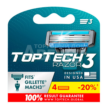 Кассеты сменные для бритья TopTech Razor 3 совместимы с Gillette Mach3, мужские, 4 шт блистер
