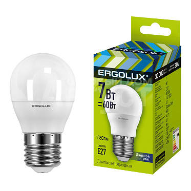 Лампа светодиодная Ergolux 7W-E27-6K 7Вт E27 6500K 172-265В, дневной свет, колба G45 шар