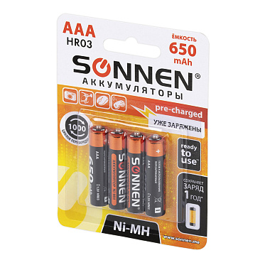 Аккумулятор SONNEN, HR03 ААА 1,2V, 4 шт