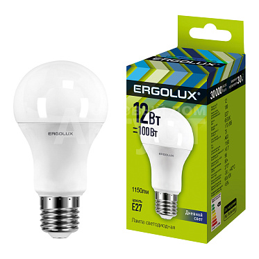 Лампа светодиодная Ergolux 12W-E27-6K 220В 12Вт E27 6500K, холодный белый, колба A60 лон