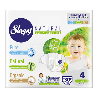 Подгузники Sleepy Natural Organic Baby Diaper Maxi 7-14 кг, размер 4, 30 шт