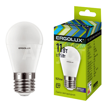 Лампа светодиодная Ergolux 11W-E27-6K 220В 11Вт E27 6500K, холодный белый, колба G45 шар