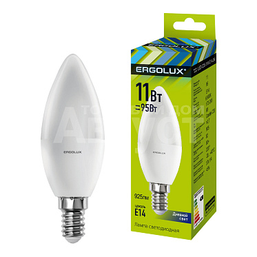 Лампа светодиодная Ergolux 11W-E14-6K 220В 11Вт E14 6500K, холодный белый, колба C35 свеча
