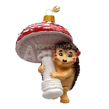 Новогодняя игрушка ФУП4-2451 Ежик с мухомором, в подарочной упаковке, 10 см, стекло