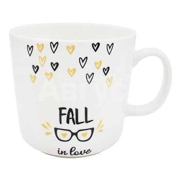 Кружка для чая и кофе Сердечки FALL in love, 390мл, керамика, цвет белый