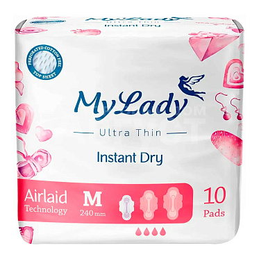 Прокладки гигиенические My Lady Ультратонкие Instant Dry M, с двойной перфорацией, длина 24см, 10 шт